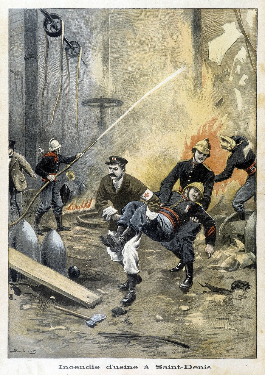 Brandmænd griber ind under en brand ved Usine i Saint Denis. Illustration af "Petity Journal" fra 1899. af Unknown artist