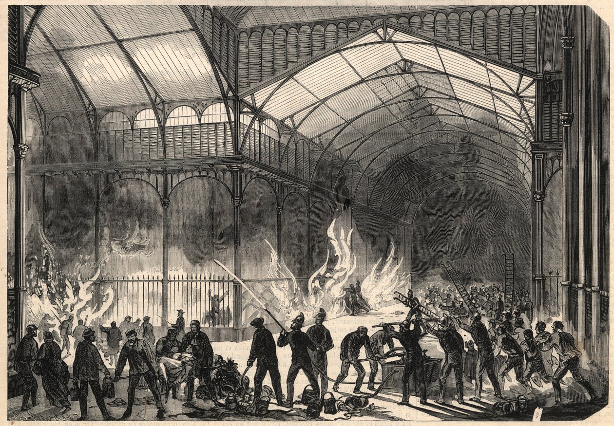 Brandmænd forsøger at stoppe branden i Central Halles i Paris, 10. juli af Unknown artist