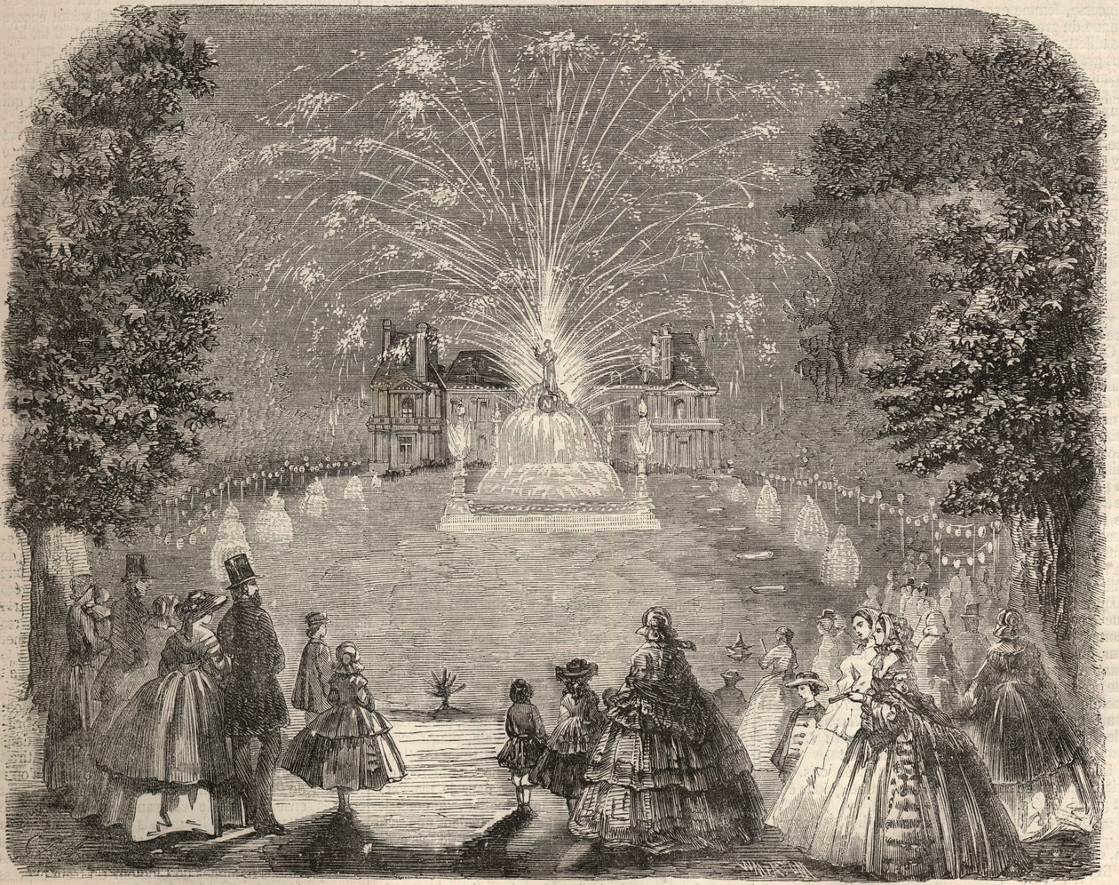 Fyrværkeri og belysning af slottet Maison Laffitte (House-Laffitte) om aftenen for landbrugsudvalgets konkurrence. Stik i “Le Monde illustrious”” fra 1857. Privat samling. af Unknown artist