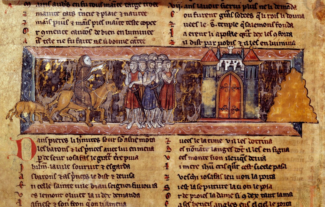 Første korstog (1096-1099): Eremitten Peter (1050 - 1115), fransk religiøs leder af det første korstog Harangue les Croises. Manuskript af Ridderen til Svanen af Unknown artist