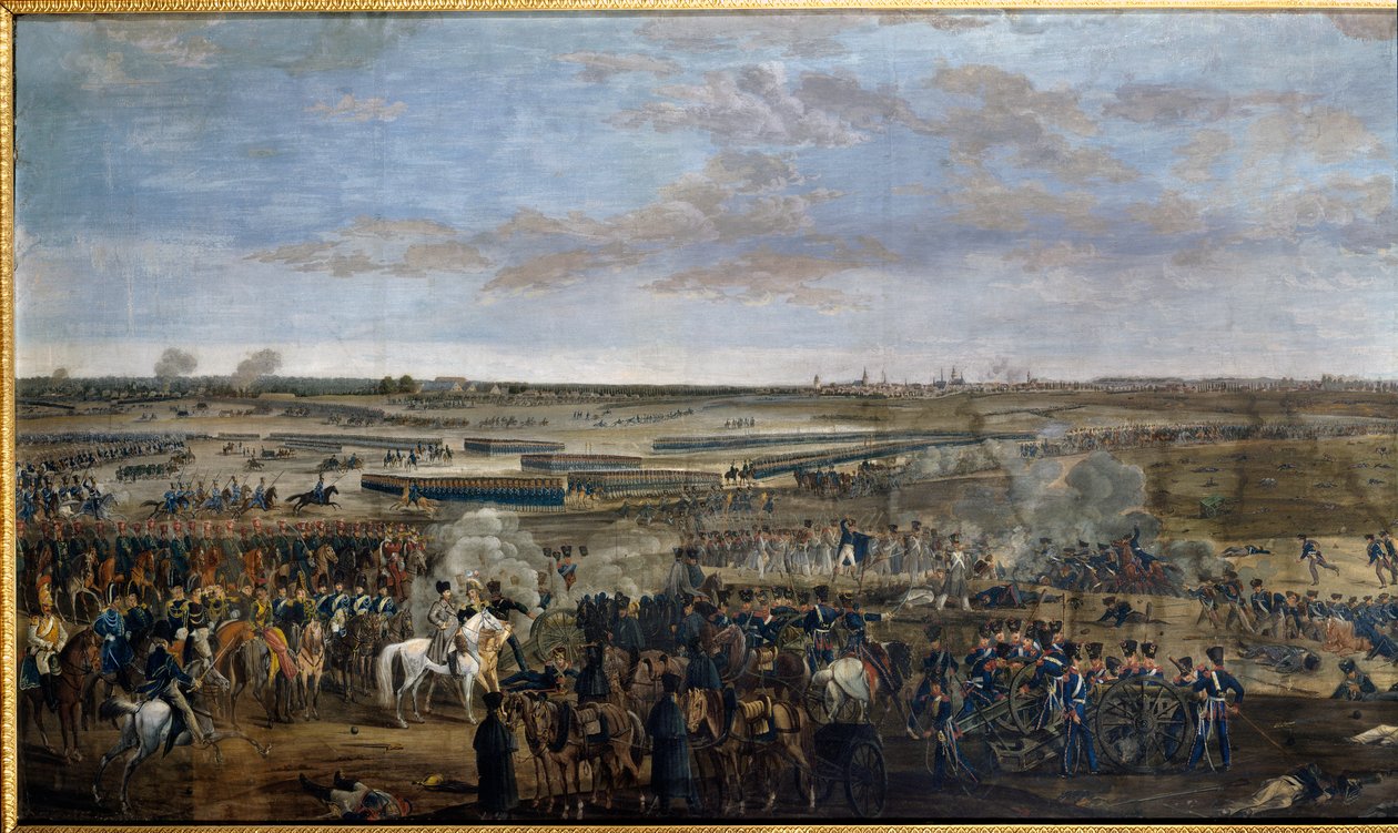 Første imperium: Kejser Napoleon I (1769-1821) (på den hvide hest) i slaget ved Leipzig (Nationernes slag), 16.-19. oktober af Unknown artist