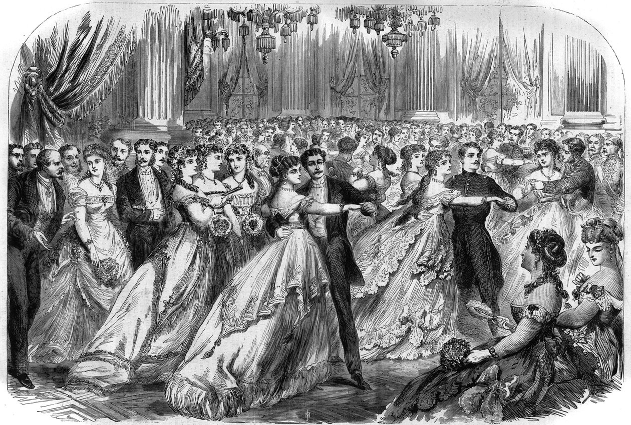 Første bal på Hotel de Ville i Paris den 16. januar 1868. Indgravering i "" The Illustrious Universe"" af Unknown artist