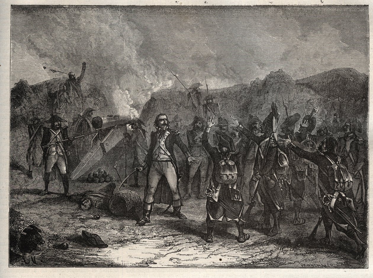 Første koalition: Oberst Antoine Guillaume (Antoine-Guillaume) Rampon (1759-1842) ved slaget ved Montenotte den 12. april 1796, under det italienske felttog mod Napoleon Bonapartes franske tropper mod de østrigske og sardiske arméer - fransk af Unknown artist