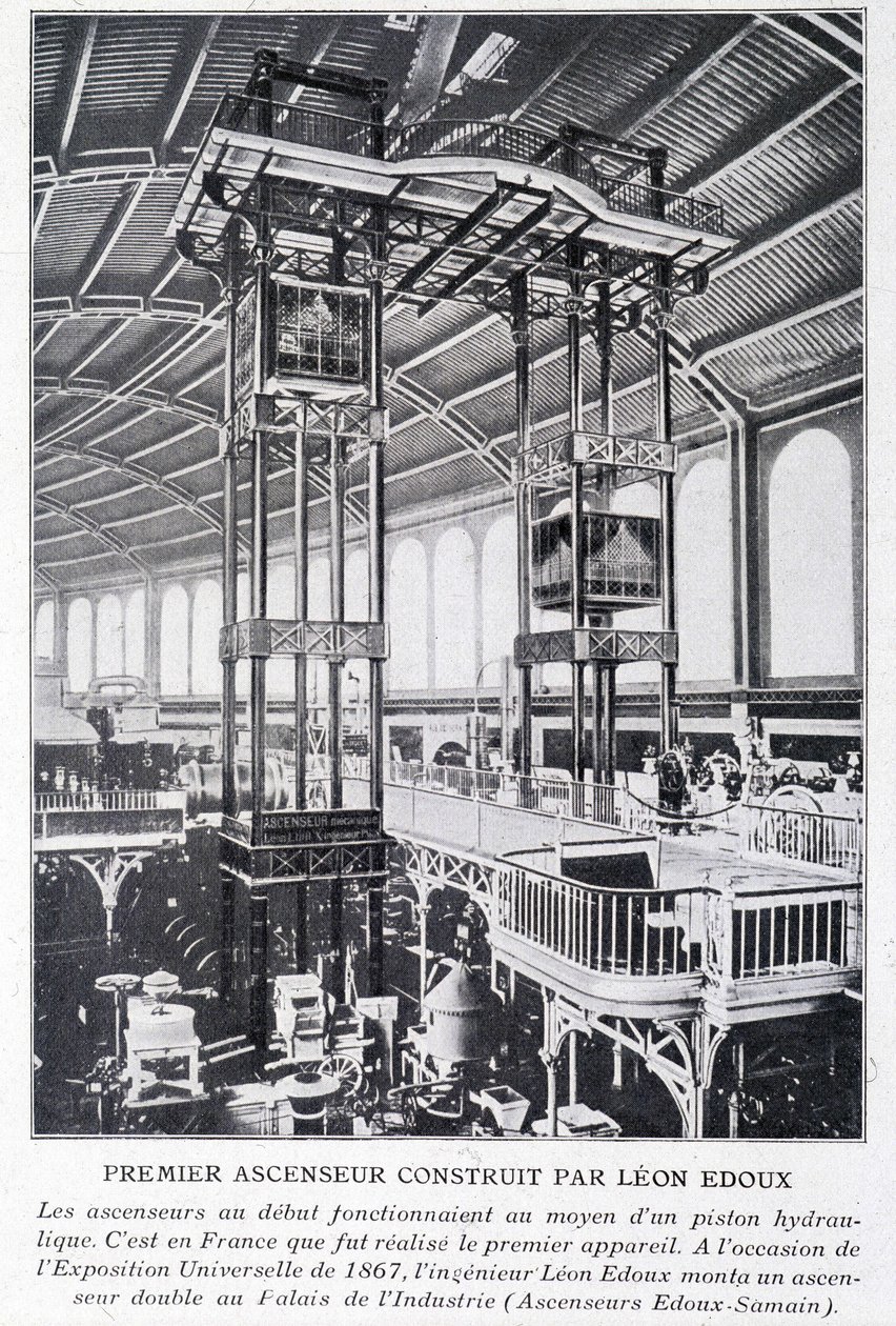 Første elevator bygget af Léon Edoux på universaludstillingen i 1867 af Unknown artist
