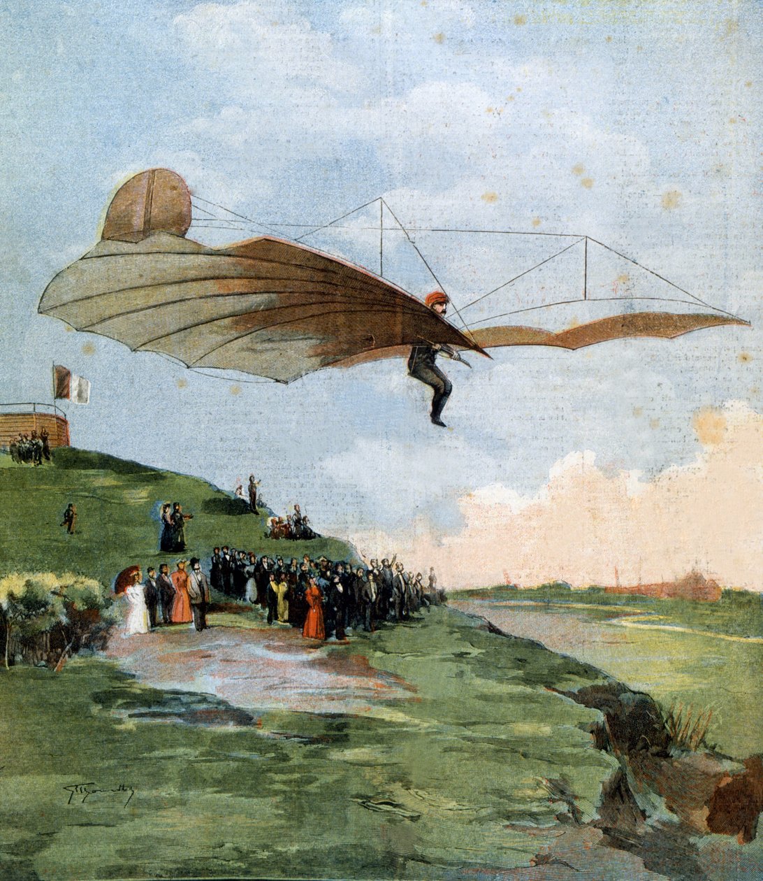 Første svæveprøve af Otto Lilienthal (1848-1896), en tysk ingeniør, på sit fly i 1894 af Unknown artist