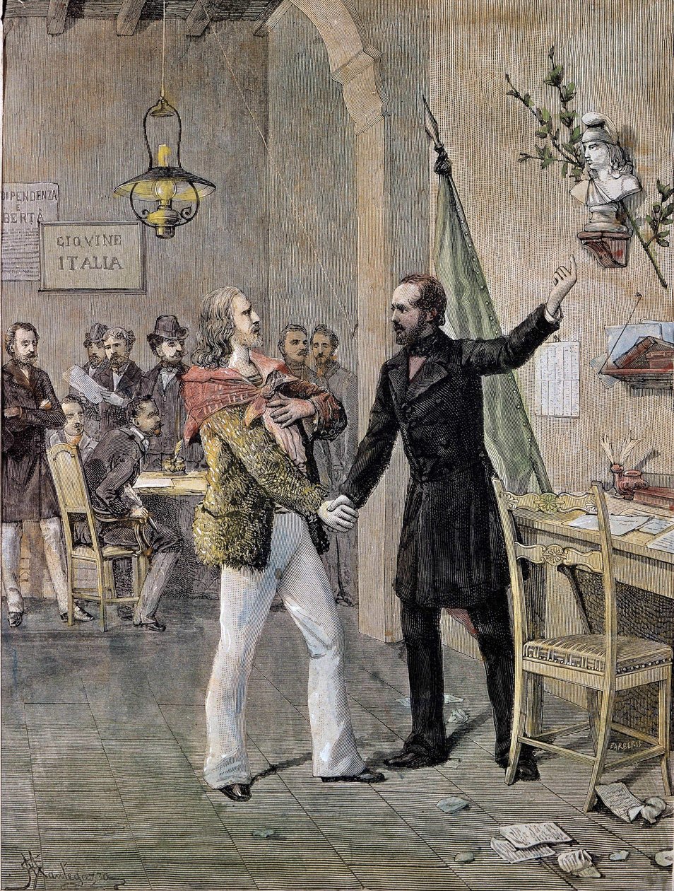 Første møde mellem Giuseppe Garibaldi og Giuseppe Mazzini i Marseille i 1833 (gravering) af Unknown artist