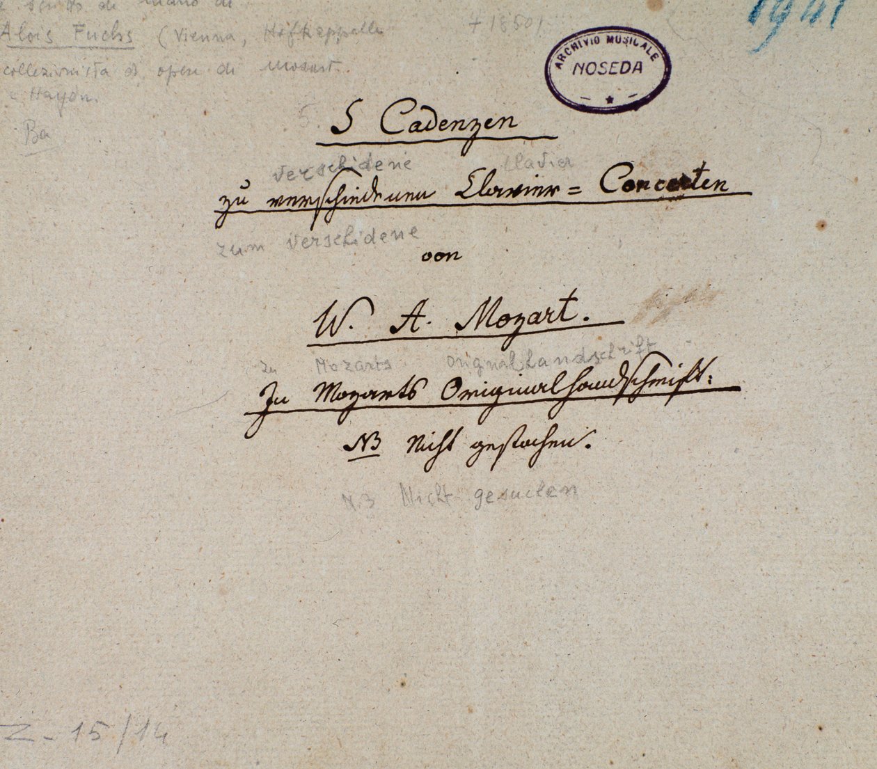 Første side af et manuskript med 5 kadencer for klaver af Mozart (manuskript af Unknown artist