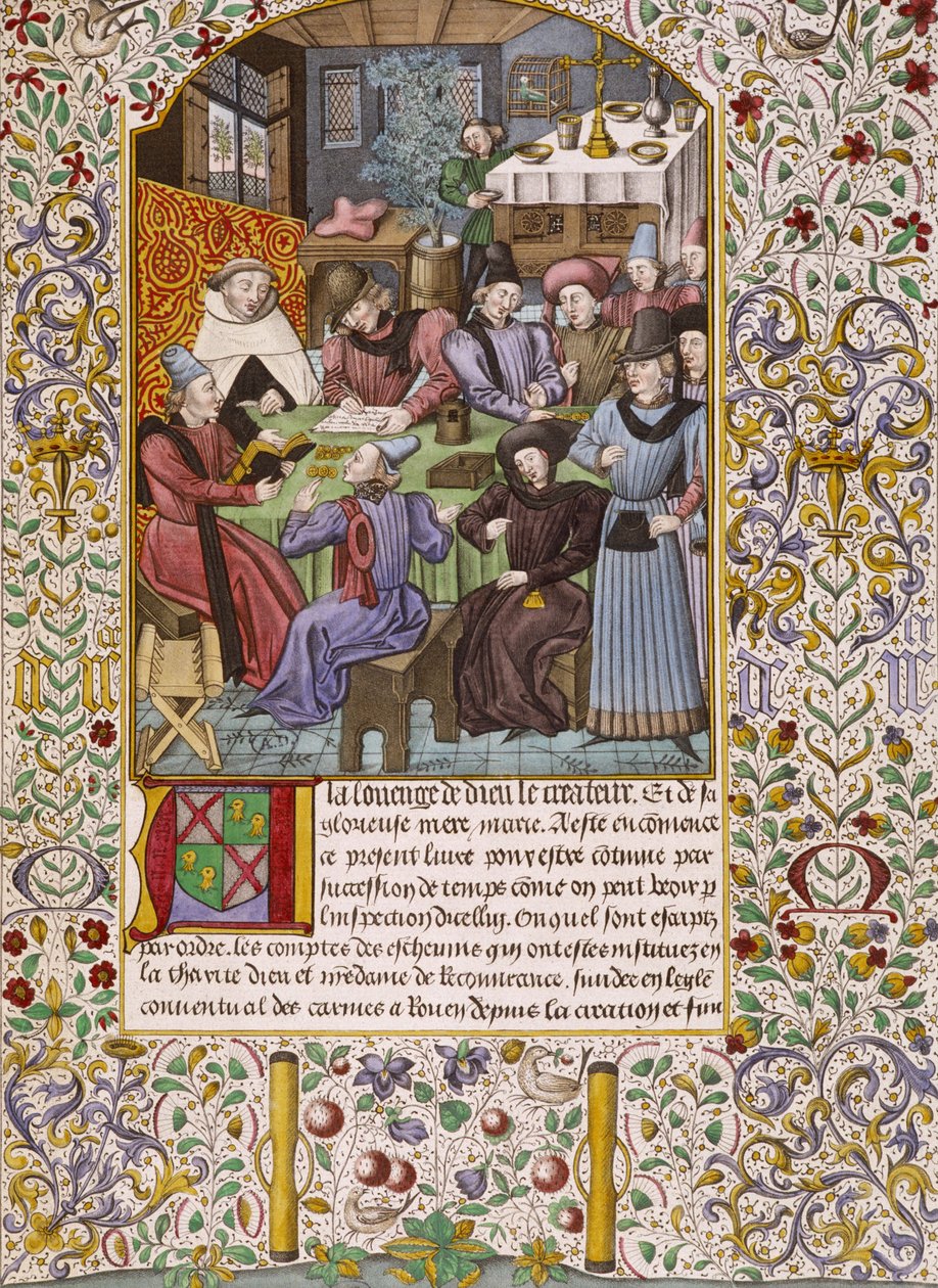 Første side i en kontobog, der repræsenterer en udbetaling af livrenter - miniature fra det 15. århundrede af Unknown artist