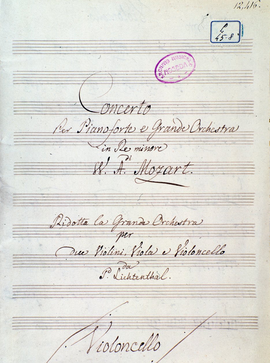 Første side med noder til koncert for klaver og stort orkester i d-mol af Mozart, Lichtenthal-version (1800-tallet) af Unknown artist