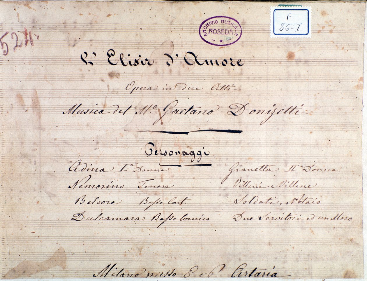 Første side med noder til The elixir of love, opera af Gaetano Donizetti af Unknown artist