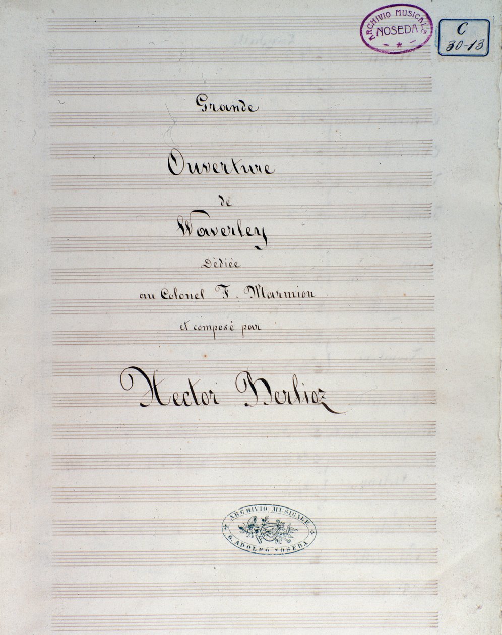 Første side af noderne til Waverley opus 1, ouverture, af Hector Berlioz af Unknown artist