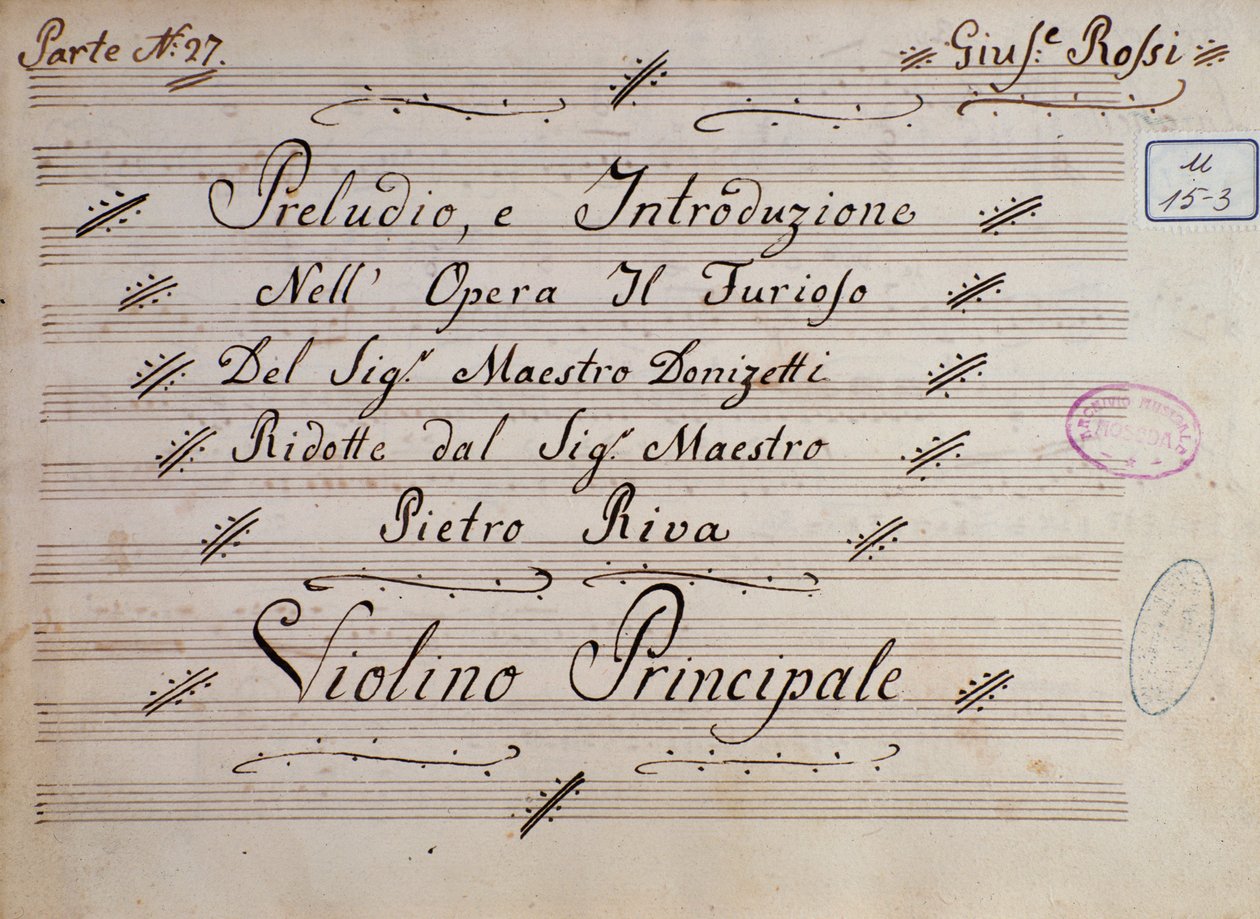 Første side af noderne for violin, Il furioso all