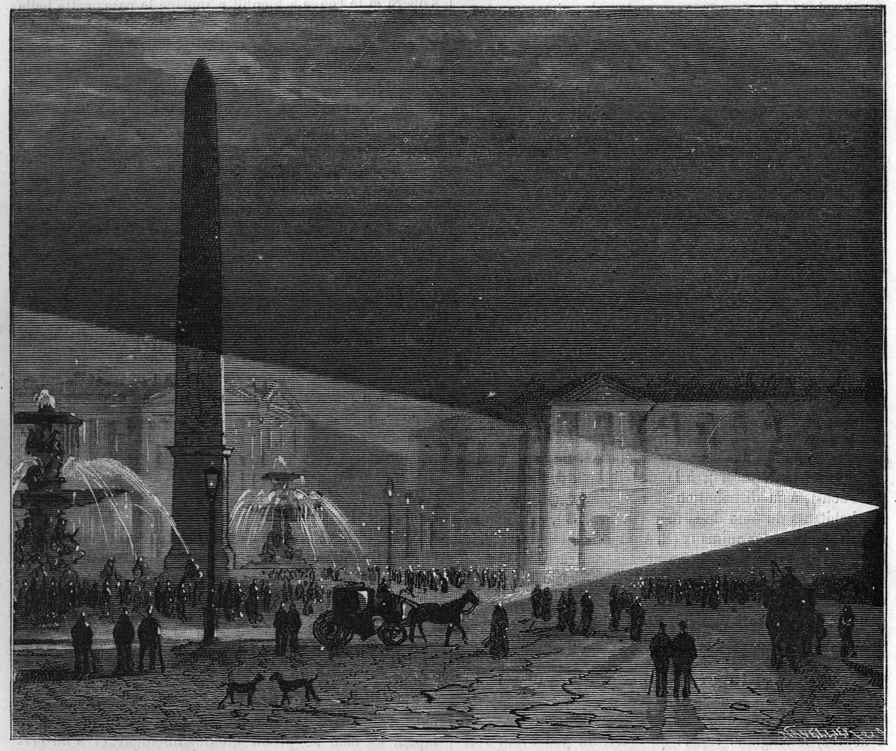 Første offentlige oplevelse af elektrisk belysning lavet i Paris på Place de la Concorde af Deleuil og Leon Foucault ved mig i december 1844. i "" La Nature. Gennemgang af videnskaber og deres anvendelser til kunst og industri." af Unknown artist
