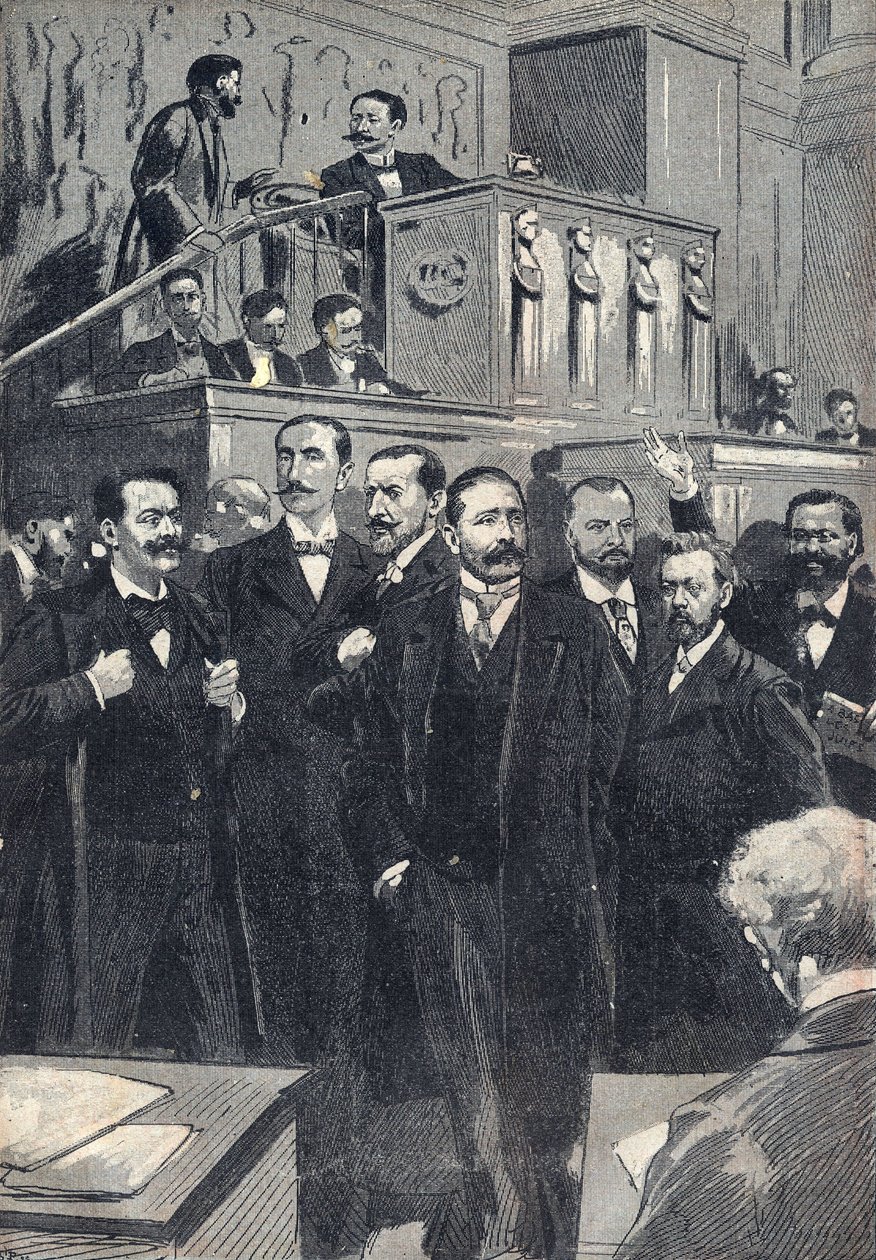 Første møde i Deputerethuset valgt i 1898: Paul Deschanel (1855-1922), formand for Deputeretkammeret. Paul Adolphe Granier de Cassagnac (1842-1904), Lucien Millevoye (1850-1918), Paul Deroulede (1846-1914), Jacques Piou (1838-1932), Eugen af Unknown artist