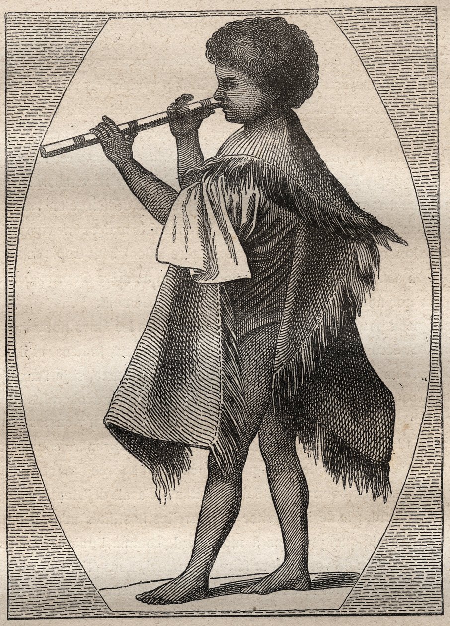 Første rejse (1768-1771) af kaptajn James Cook (1728-1779): Tahitiansk fløjtespiller - illustration taget fra "" The Great Mariners of the 18th century"" af Unknown artist