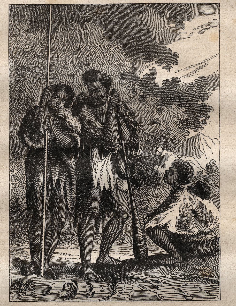 Første rejse (1768-1771) af kaptajn James Cook (1728-1779): en neo-zelandansk familie (Neo Zelandaise) - illustration taget fra "The Great Mariners of the 18th century"" af Unknown artist