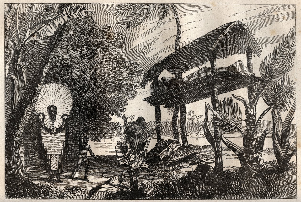 Første rejse (1768-1771) af kaptajn James Cook (1728-1779): en fia-toka (fia toka), gravbygning på Tahiti - illustration taget fra "" The Great Mariners of the 18th century"" af Unknown artist