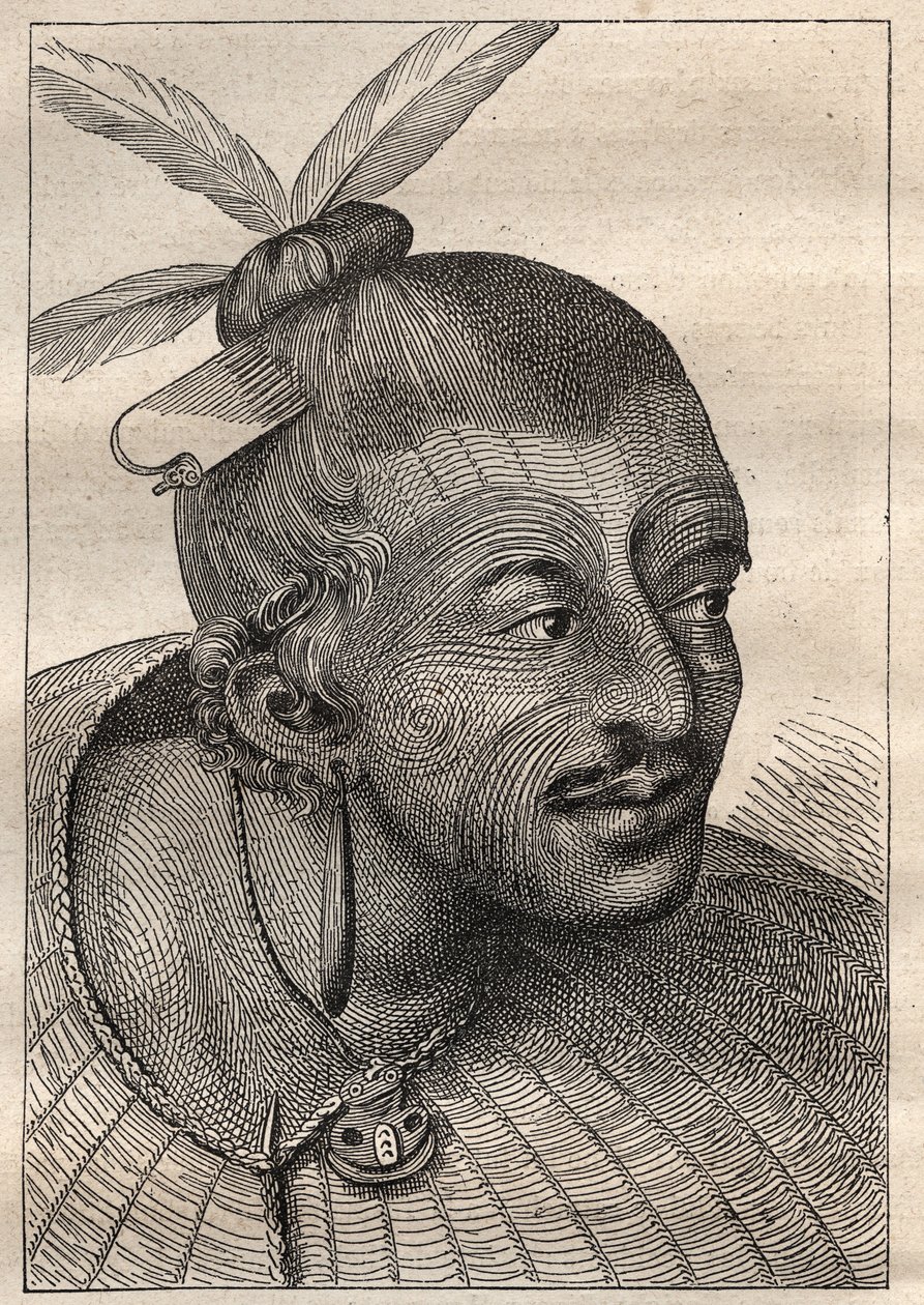Første rejse (1768-1771) af kaptajn James Cook (1728-1779): tatoveret hoved af en Neo-Zelandais (Neo Zelandais) - illustration taget fra "The Great Mariners of the 18th century"" af Unknown artist