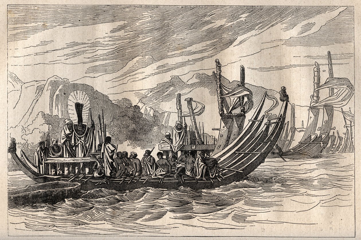Kaptajn James Cooks (1728-1779) første rejse (1768-1771): Tahiti-flåden samlet i Oparee - illustration taget fra "The Great Mariners of the 18th century"" af Unknown artist