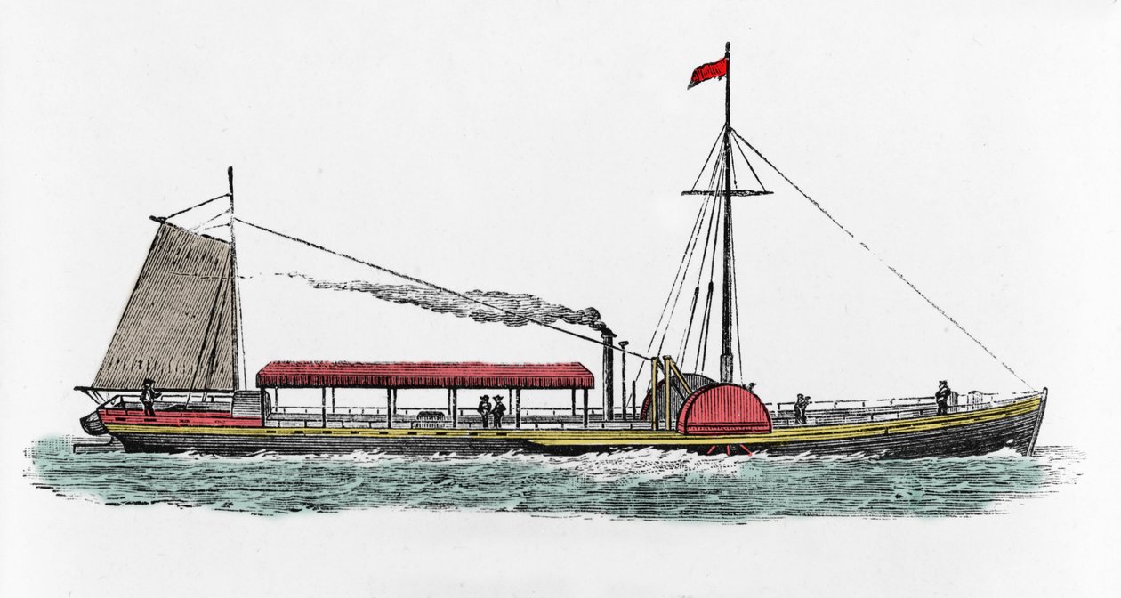 Første rejse med dampbåden "Clermont" af Robert Fulton (1765-1815), amerikansk ingeniør på Hudson-floden, USA af Unknown artist