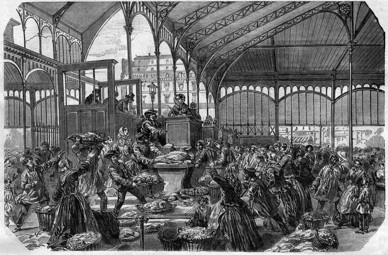 Fiskemarked - Engrosfiskemarked i Paris i 1870 af Unknown artist