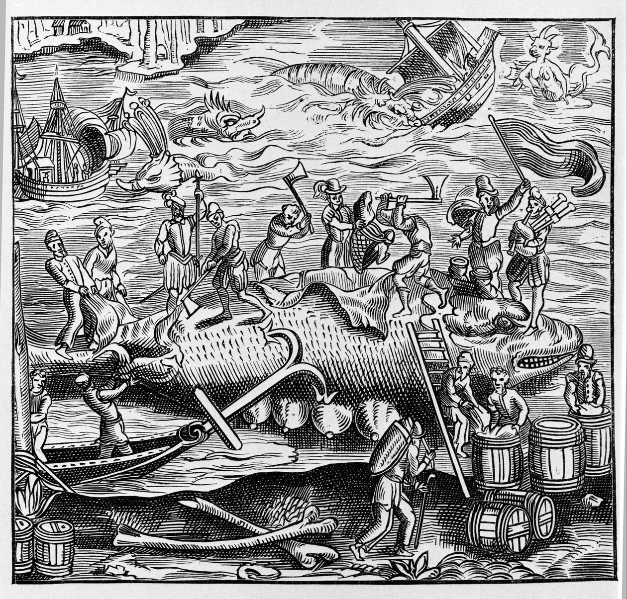 Fiskeri og hvalfangst, baseret på en trægravering fra Thevets "Universal Cosmography". Paris 1575 af Unknown artist