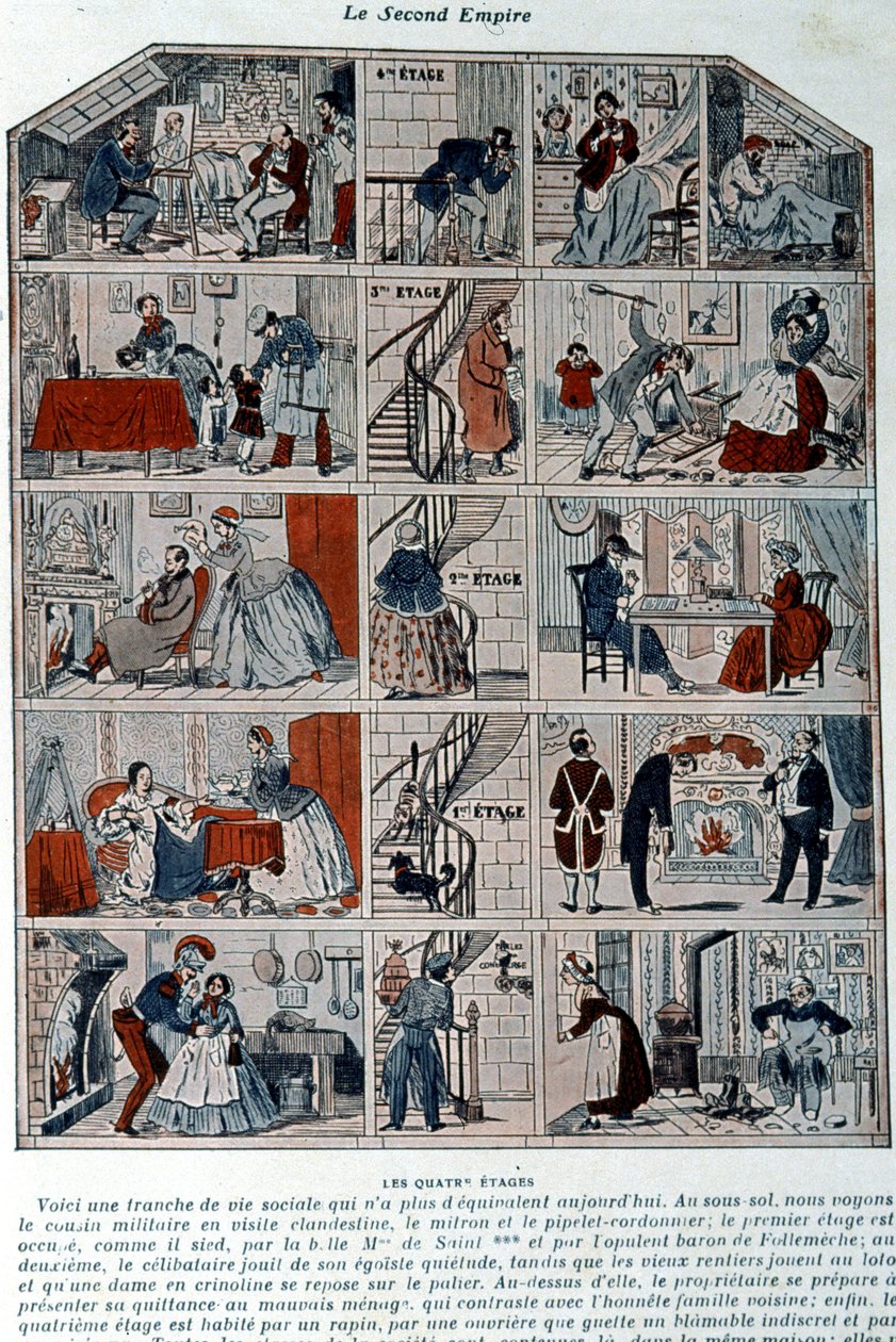 Fem etager viser de forskellige sociale klasser under det andet imperium. Illustration repræsenteret som et tværsnit af en parisisk bygning. af Unknown artist