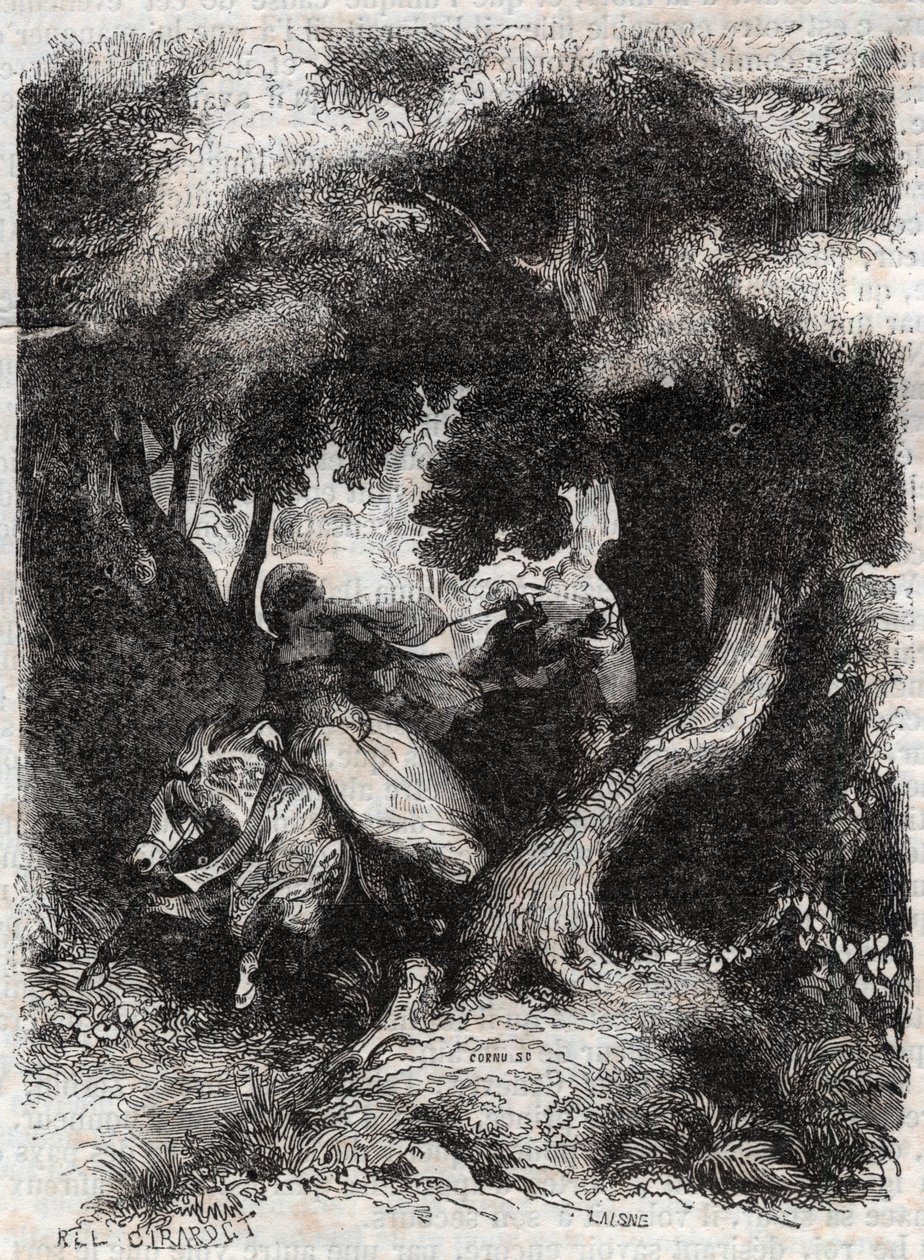 Flight of Angelica (Angelica) under slaget - indgravering af 1851 fra "" Furious Roland"" (Orlando furioso) (1500-tallet) af Ludovico Ariosto, kendt som Ariosta - Udgave oversat fra italiensk af greven af Tressan og udgivet af Gustave Harva af Unknown artist