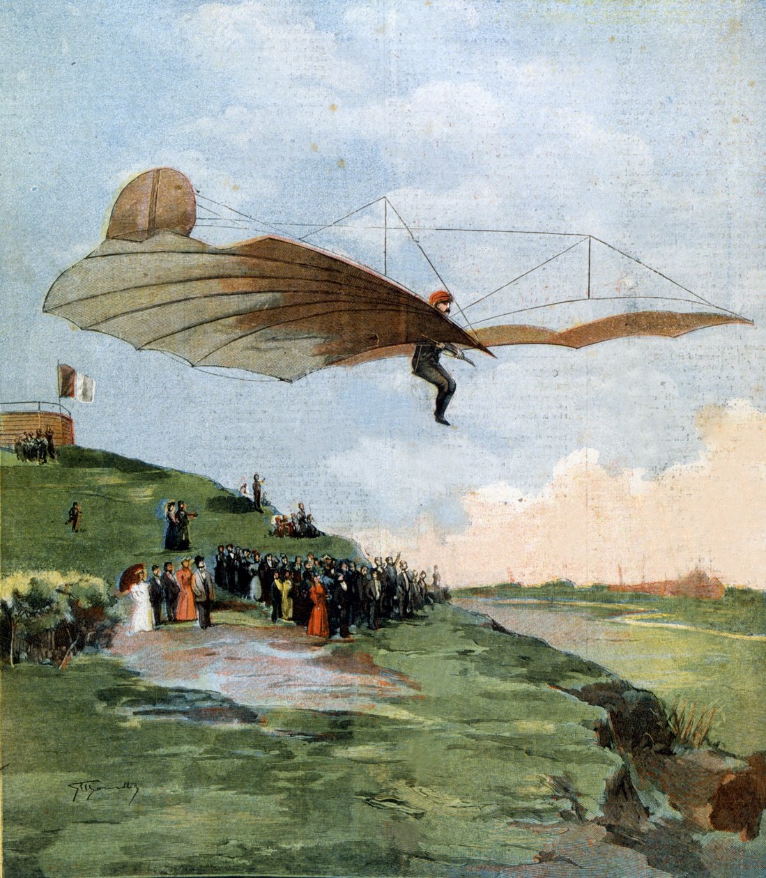 Flight of Otto Lilienthal (1848 - 1896), pioner inden for svæveflyvning. 1894. af Unknown artist