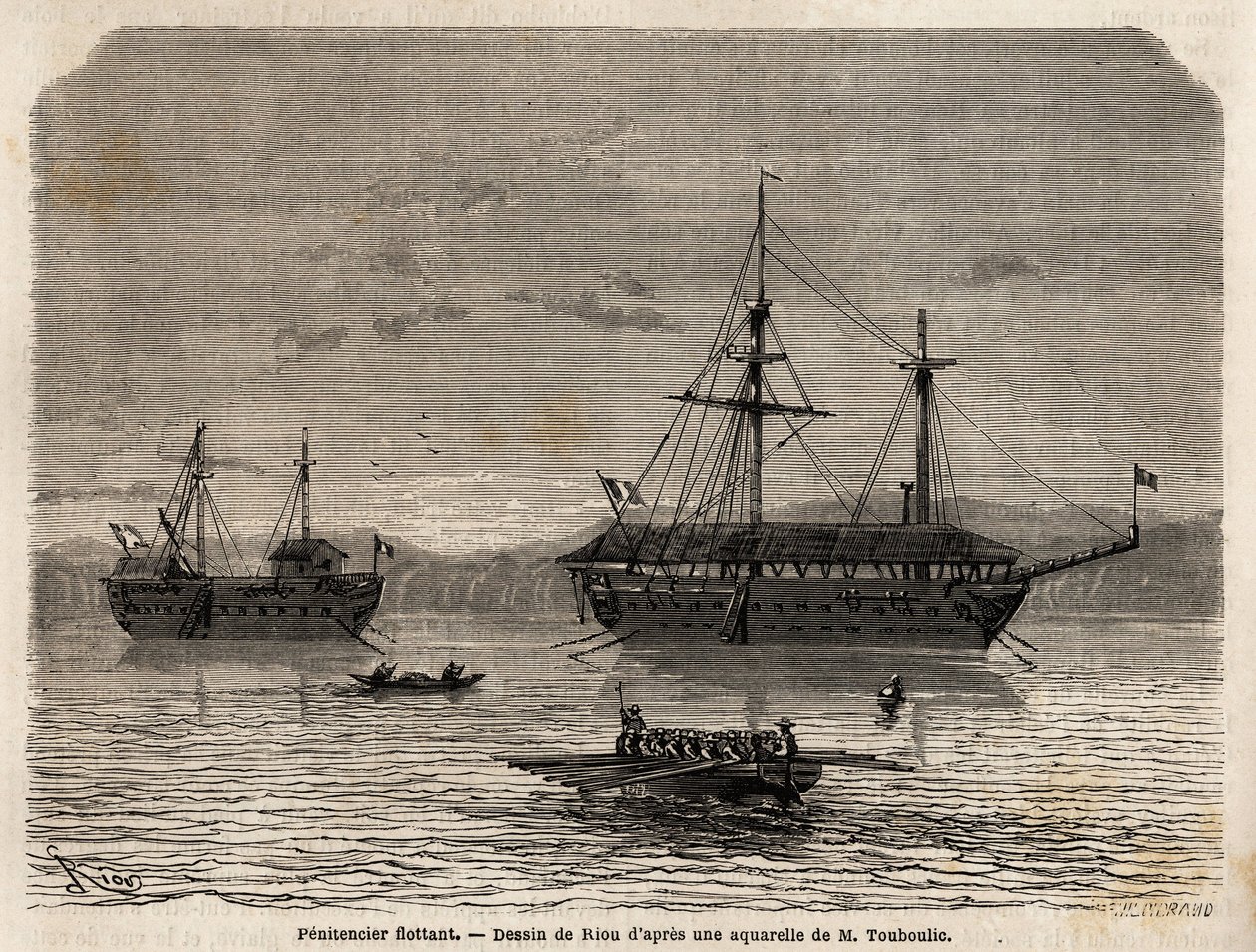 Flydende bodsmænd fra Fransk Guyana, en koloni, der blev overtaget til fangenskab af dem, der overtog domstolene, og de mænd, der måtte blive. Gravering til illustration af rejsen i Fransk Guyana i 1862-1863 af Frederic Bouyer, kaptajn på fregat, i "" Le t af Unknown artist