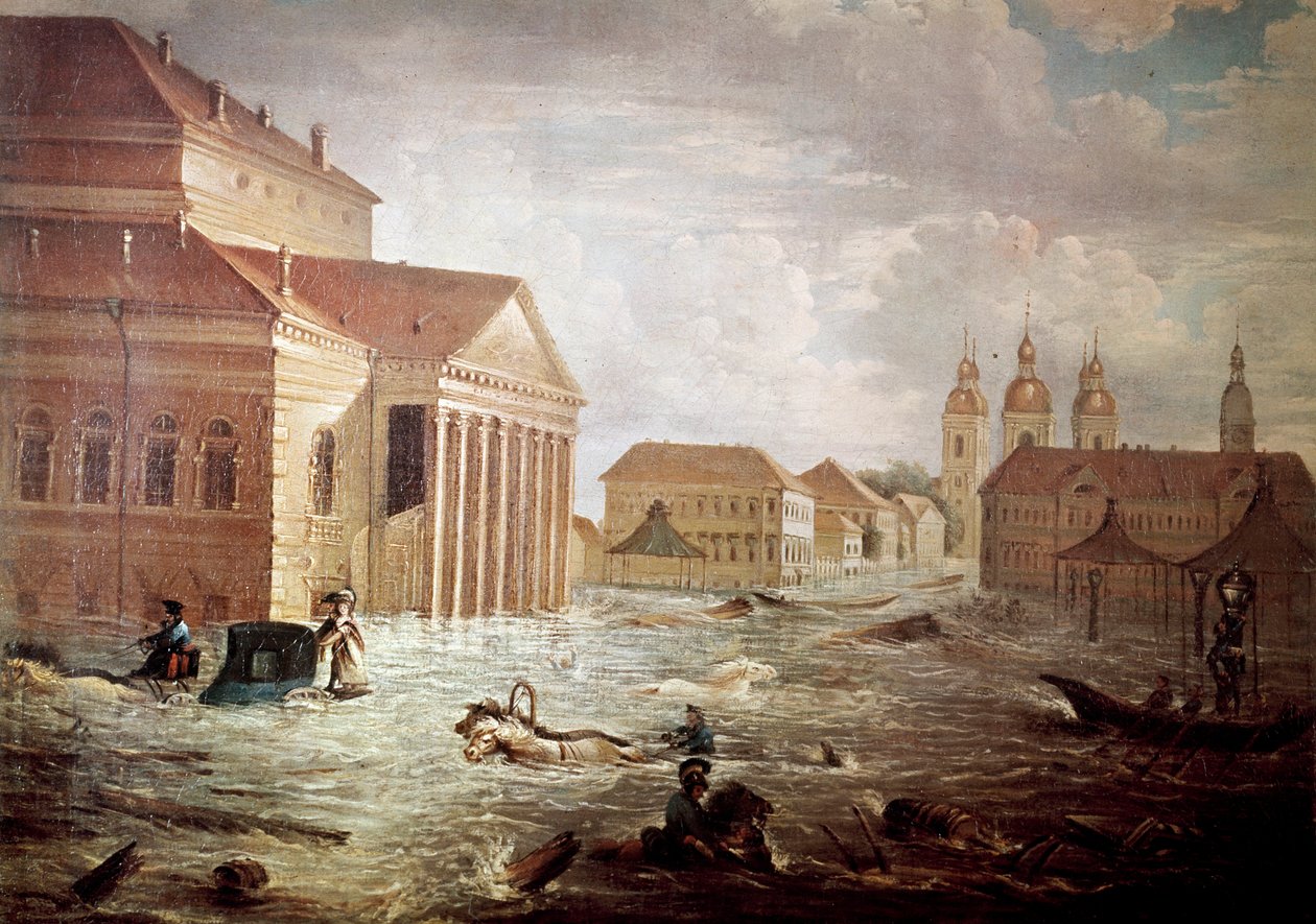 Oversvømmelser i byen Sankt Petersborg i Rusland 1800-tallets privatsamling af Unknown artist