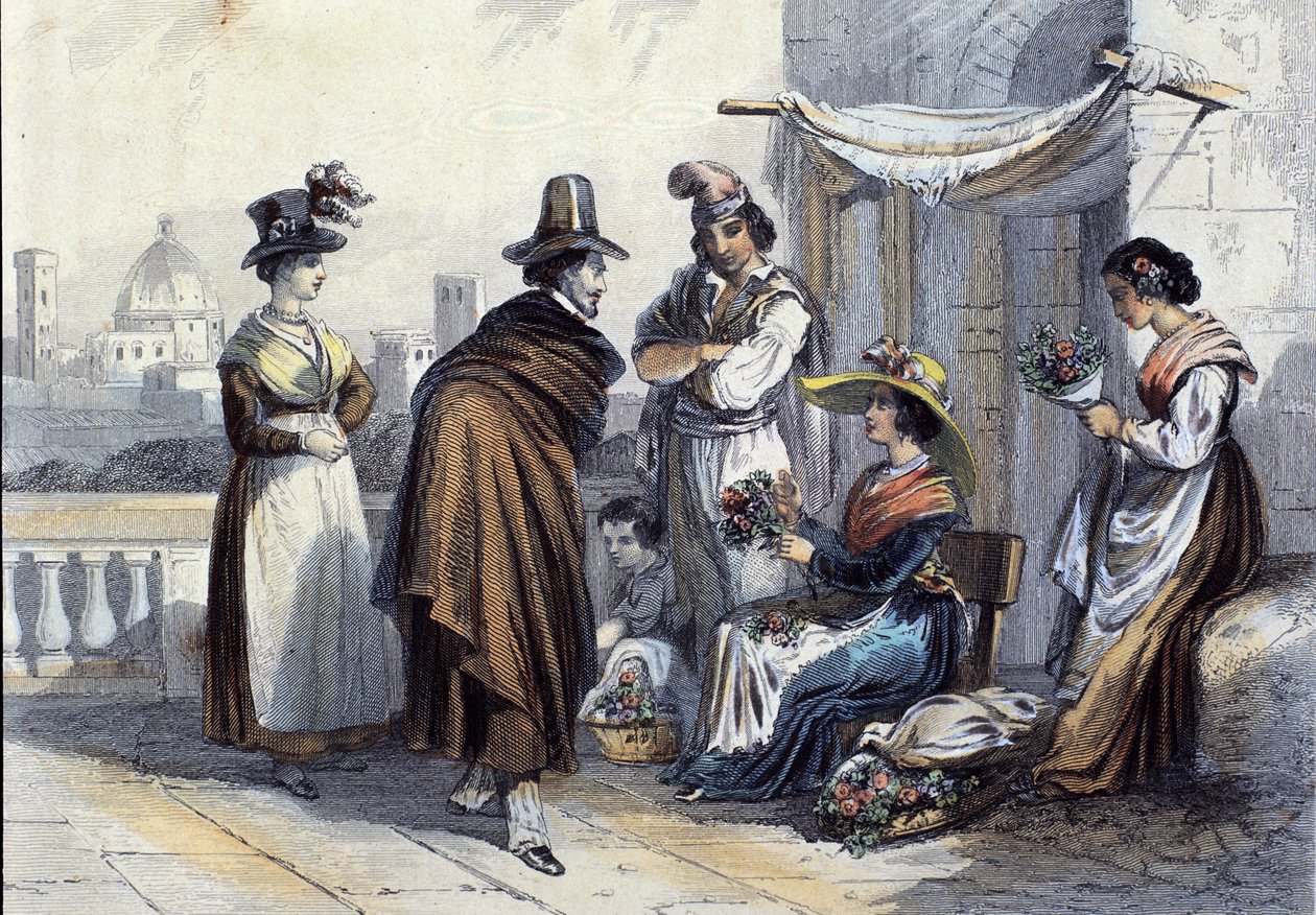 Blomsterhandler i Firenze. Litografi omkring 1820 af Unknown artist