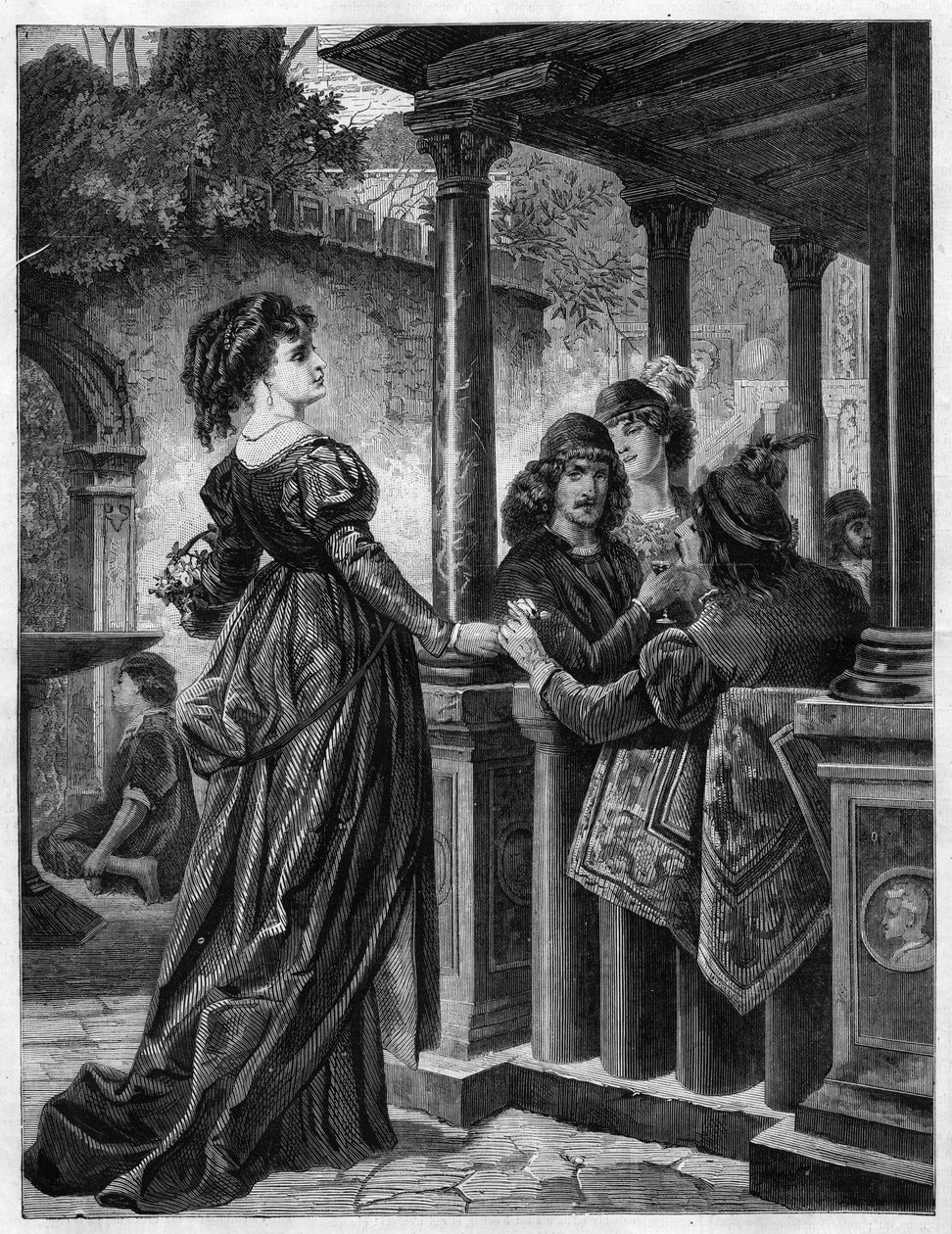 Blomsterhandler i Firenzes gader i middelalderen. Indgravering i ""Det illustere univers"" af Unknown artist
