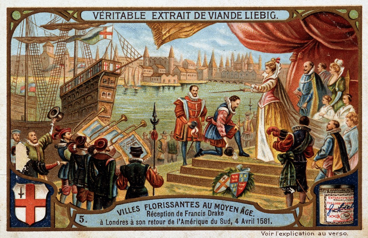 Blomstrende byer i middelalderen: reception af Francis Drake (1542-1596) i London (England), da han vendte tilbage fra Sydamerika, 4. april af Unknown artist
