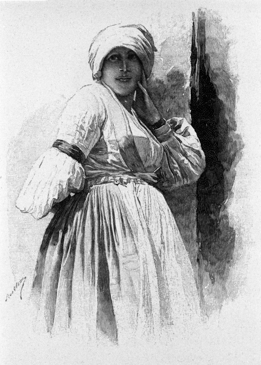 Folklore: kvinde i traditionel dragt af Piana degli Albanesi. Siciliens gravering af det 19. århundrede af Unknown artist