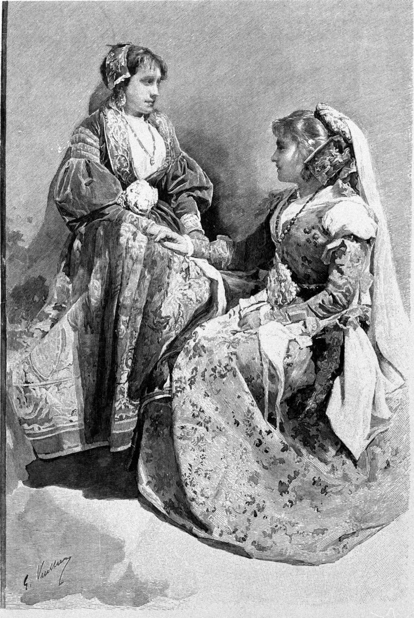 Folklore: kvinder klædt i traditionelle bryllupsdragter, Sicilien. 1800-tals gravering. af Unknown artist