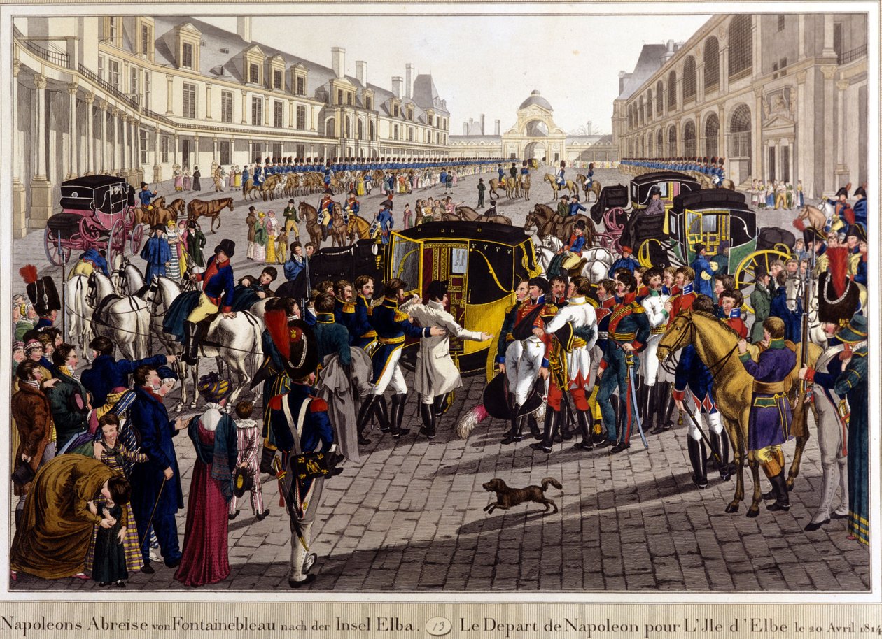 Fontainebleau. Napoleon Bonapartes afgang til øen Elba. 20/04/1814. Indgravering af det 19. århundrede. af Unknown artist