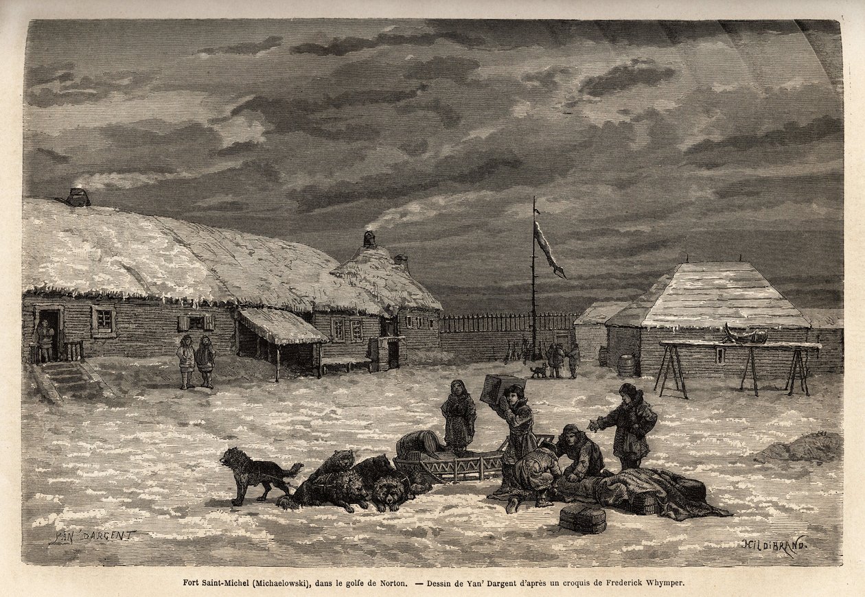 Fort Saint-Michel (Saint Michel), engelsk besiddelse på det tidspunkt, i Nortonbugten. Gravering for at illustrere rejsen og eventyrene i det engelske Colombia, Vancouver Island og Alaska, af Frederick Whymper af Unknown artist