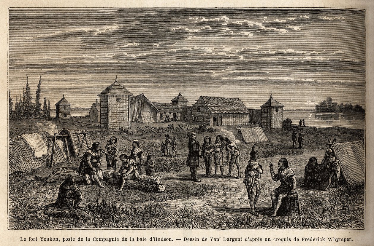 Fort Youkon, i Norton-bugten, Alaska, grundlagt i 1847, en etablering af Hudson Bay Company, indianere slog lejr omkring palisaderne. Gravering for at illustrere rejsen og eventyrene i det engelske Colombia, Vancouver Island og Alaska, af Frederick af Unknown artist
