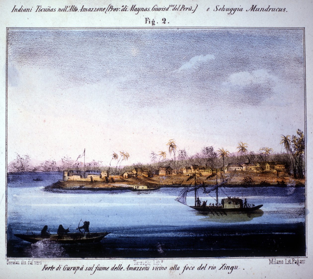 Gurupà-fæstningen ved Amazonas-floden, nær mundingen af Rio Xingu i Ecuador. Stik fra 1846 - 1848. af Unknown artist