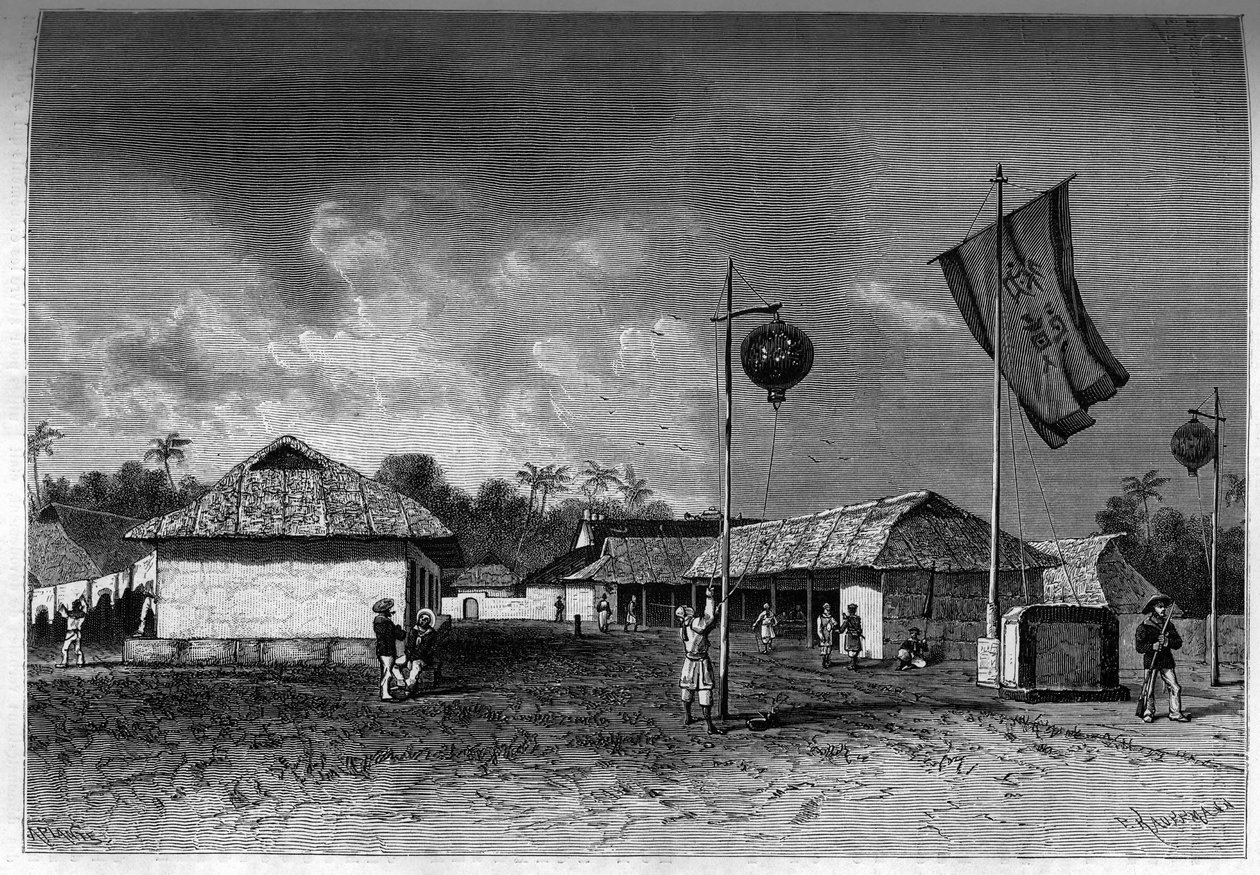 Frankrig i Indokina: Fransk militærpost inde i citadellet Hue, hovedstaden i Indokina. Indgravering i "Le journal de la jeunesse"" af Unknown artist