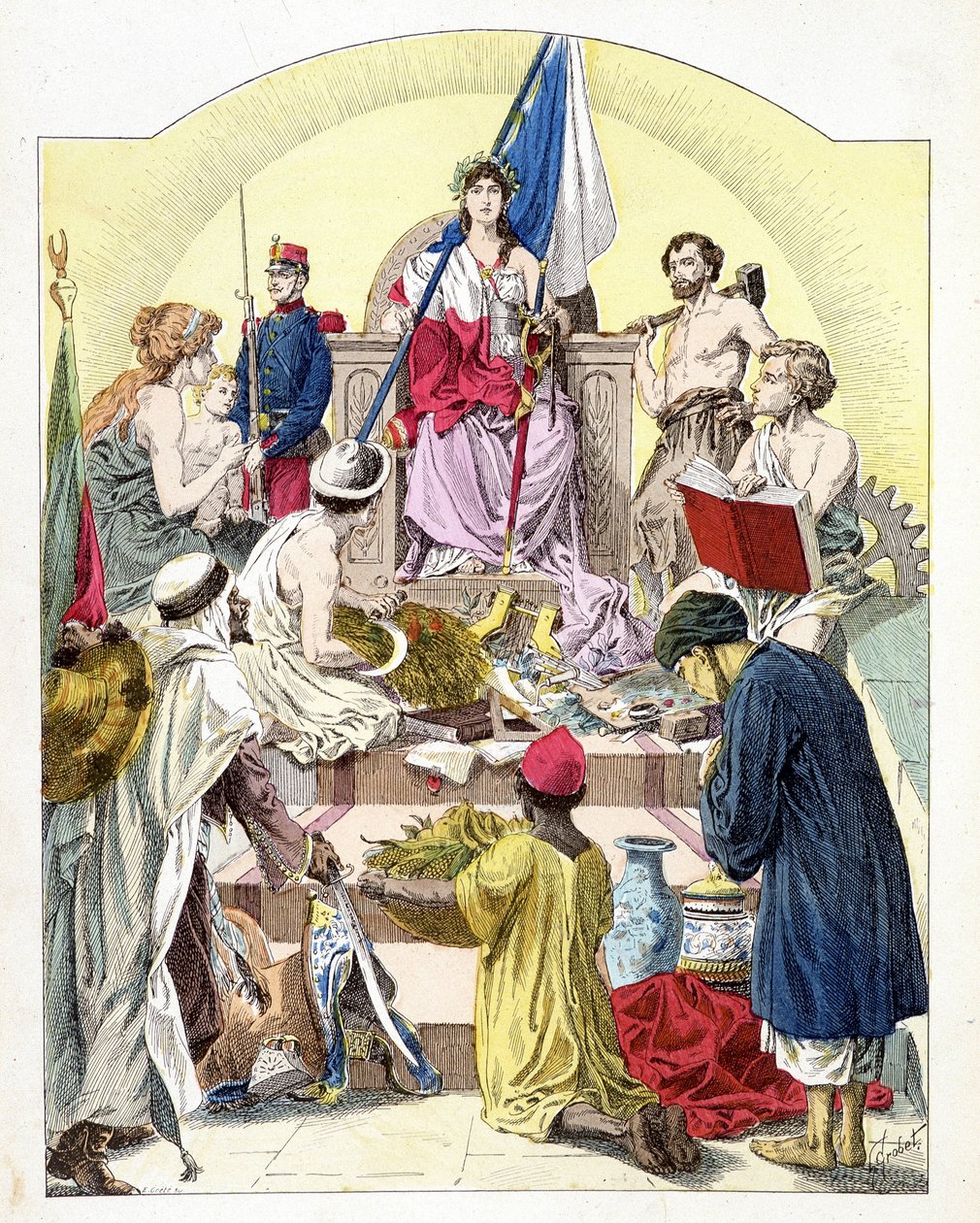 Frankrig, under Mariannes træk, omgivet af sine personificerede kolonier - i "Histoire de France"", af E. Grobet, ca. 1915 af Unknown artist