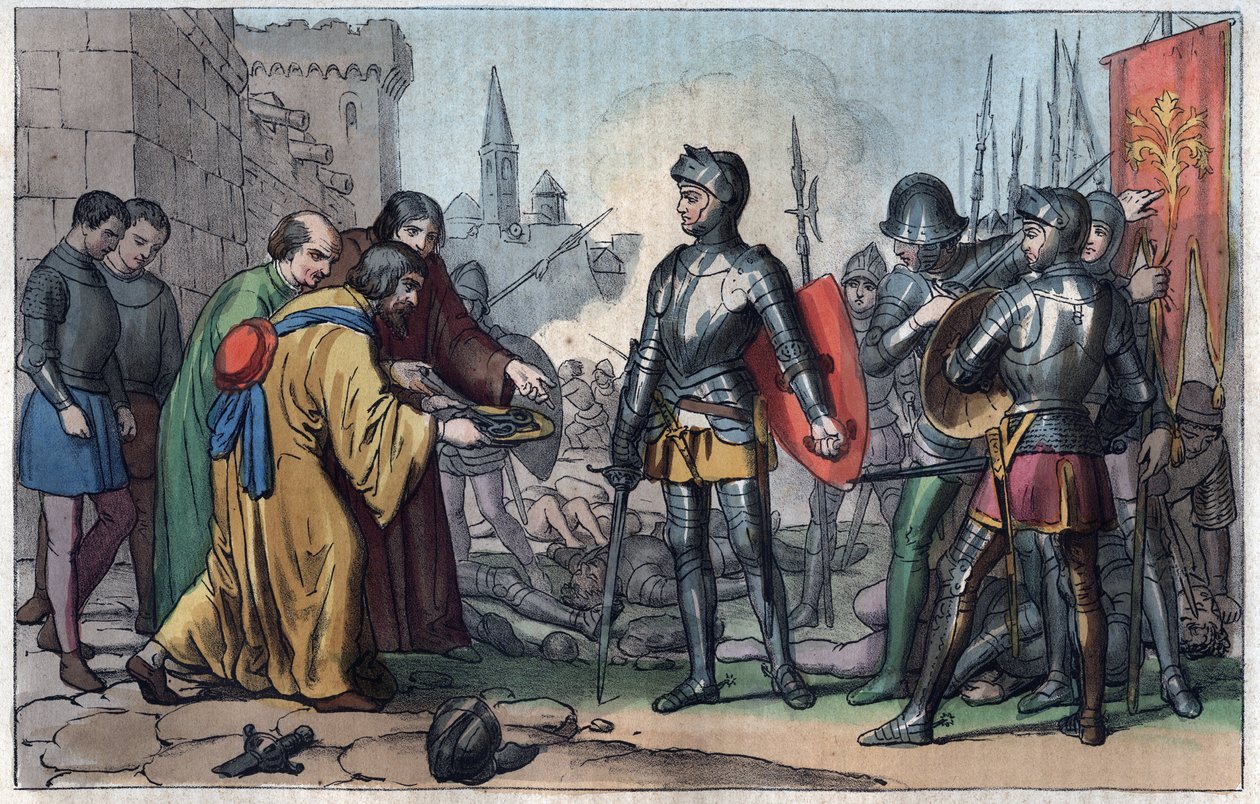 Francesco Ferrucci (1489-1530) modtager nøglerne til byen Volterra - indgravering fra "" Anvendelser og skikke for alle mennesker i universet. Det er historien om regeringen, lovene, militsen, om religionen af ​​alle nationer fra de fjerneste tider af Unknown artist
