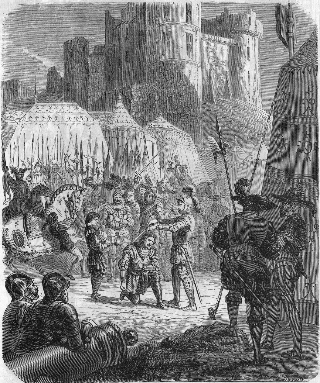 Frans I af Frankrig anmoder om at blive slået til ridder af Chevalier Bayard efter sejren i slaget ved Marignano, Italien af Unknown artist