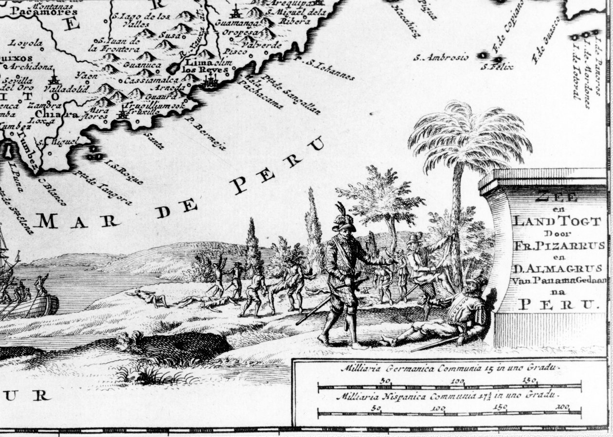 Francisco Pizarro (i fr. Francois Pizarre) repræsenteret på et kort over Peru. 17. århundrede. af Unknown artist
