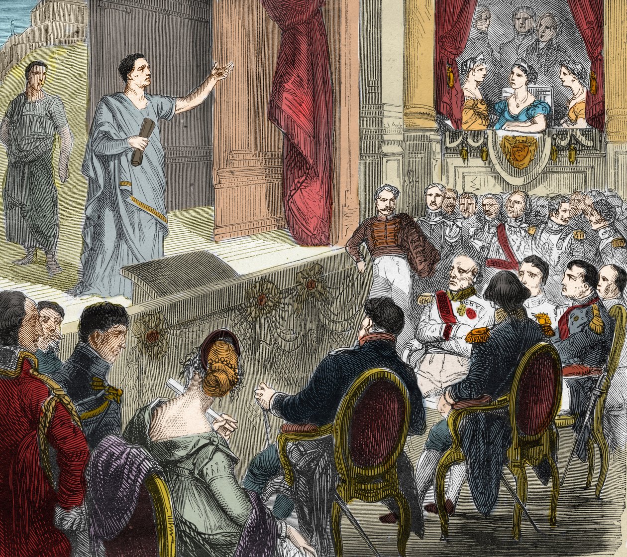 Francois-Joseph (Francois Joseph) Talma (1763 - 1826), fransk komiker, der spiller "The Death of Cesar", tragedie i tre akter fra Voltaire til Erfurt (erfurth) foran en parterre af konger bestående af Napoleon I og Alexander I, tsar af Rusland (1777-1825). af Unknown artist
