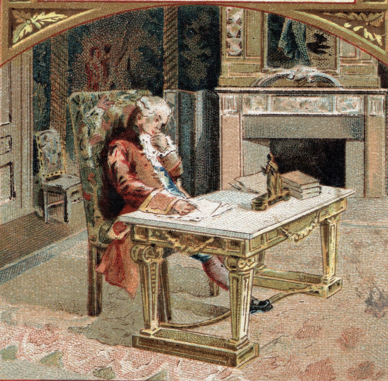 Francois-Marie (Francois Marie) Arouet de Voltaire dit Voltaire (1694-1778), 23 år på slottet Sully-sur-Loire (Sully sur Loire). Kromolitografi i slutningen af ​​det 19. århundrede af Unknown artist