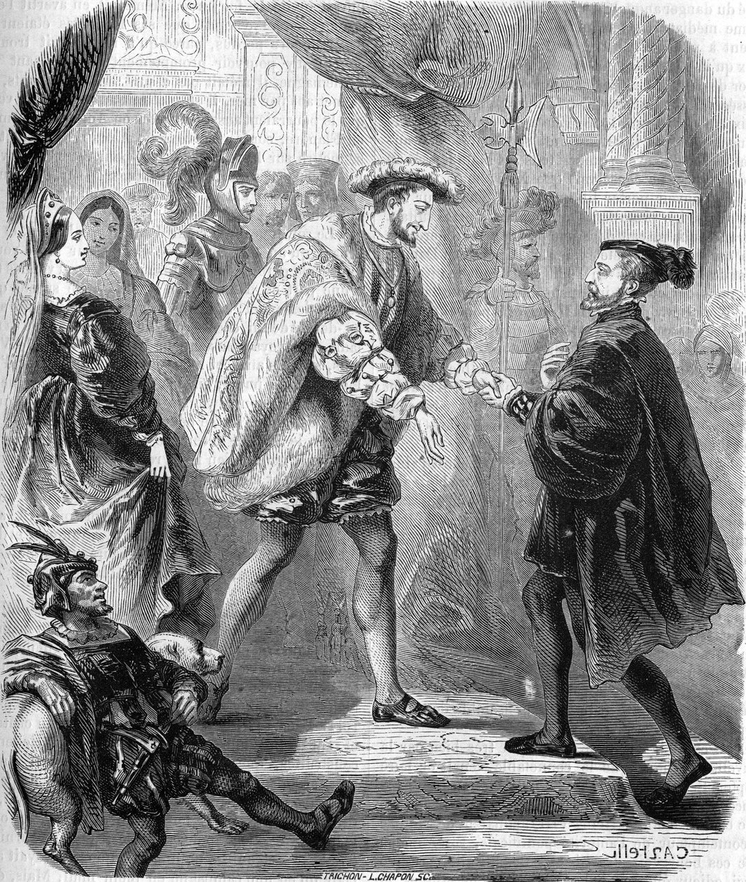 Francois 1., konge af Frankrig (1494-1547) og Charles V (1500-1558) mødtes på Chateau de Chatellerault i januar 1540. I "" Histoire populaire de la France"", nd. ca. 1885. Stik. af Unknown artist