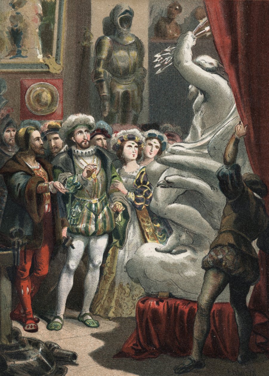 Francois I (1494-1547), konge af Frankrig, ved den italienske billedhugger Benvenuto Cellini (1500-1571) gravering fra 1881 i "" Skønhedskulten"" af Juan Justo Huguet, Molinas Hermanos editores af Unknown artist