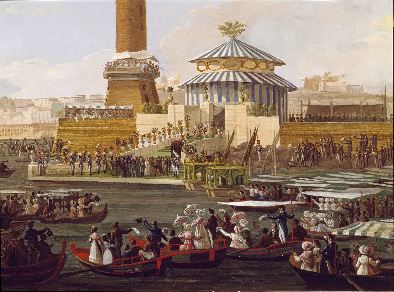 Francois I af de to Sicilier (1777-1830) og hans kone Marie Isabella af Spanien (1789-1848) ved en ceremoni ved Arsenalet i Napoli af Unknown artist